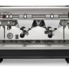 This image is a front view of the Nuova Simonelli Appia II 2 group espresso machine in White, with traditional brew group height and semi-automatic dosing controls.